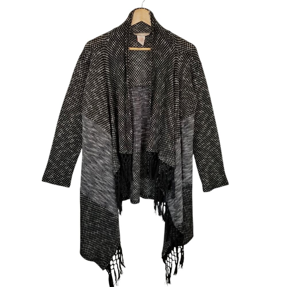 Flying Tomato Womens Black White Asymmetrical Fringe Open Front Cardigan Medium